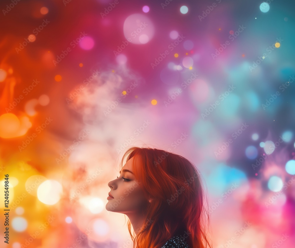 Profile of woman with vibrant red hair against colorful bokeh background, ethereal and dreamy atmosphere, soft lighting, artistic portrait, copy space for text Profile of woman with vibrant red hair against colorful bokeh background, ethereal and dreamy atmosphere, soft lighting, artistic portrait, copy space for text