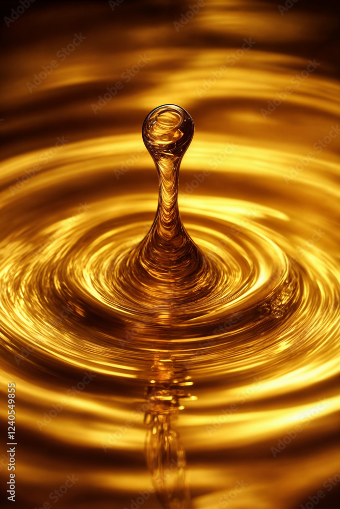 The image captures a stunning golden liquid splash, forming a crown-like structure as it impacts the surface The image captures a stunning golden liquid splash, forming a crown-like structure as it impacts the surface