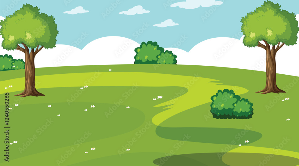 Obraz premium Beautiful landscape. Small river. Mountains on the horizon. Green meadow. Forest. Clear sky. Bright warm colors. The beauty of the nature. Landscape work of art.