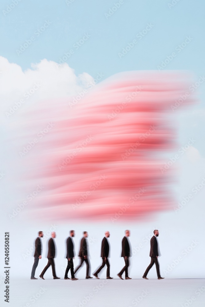 Fototapeta premium Contemporary Urban Flow Blurred Pedestrian Motion Against Abstract Pink Cloud on Concrete - Editorial Visuals for Modern Marketing and Urban Planning Insights
