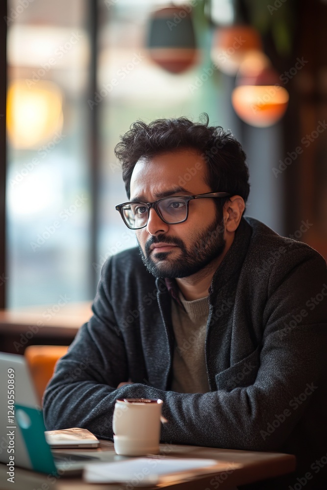 Thoughtful Indian Man Brainstorming Creative Ideas for Branding in a Cozy Café Setting Thoughtful Indian Man Brainstorming Creative Ideas for Branding in a Cozy Café Setting