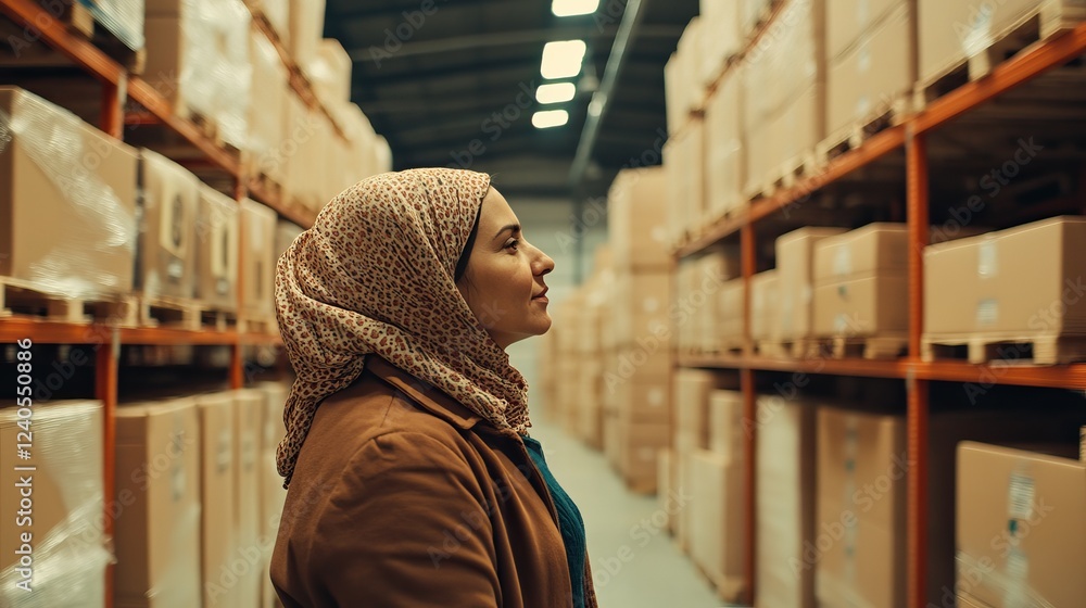 Obraz premium Woman Planning Logistics for Middle Eastern Startup in Warehouse with Cardboard Boxes
