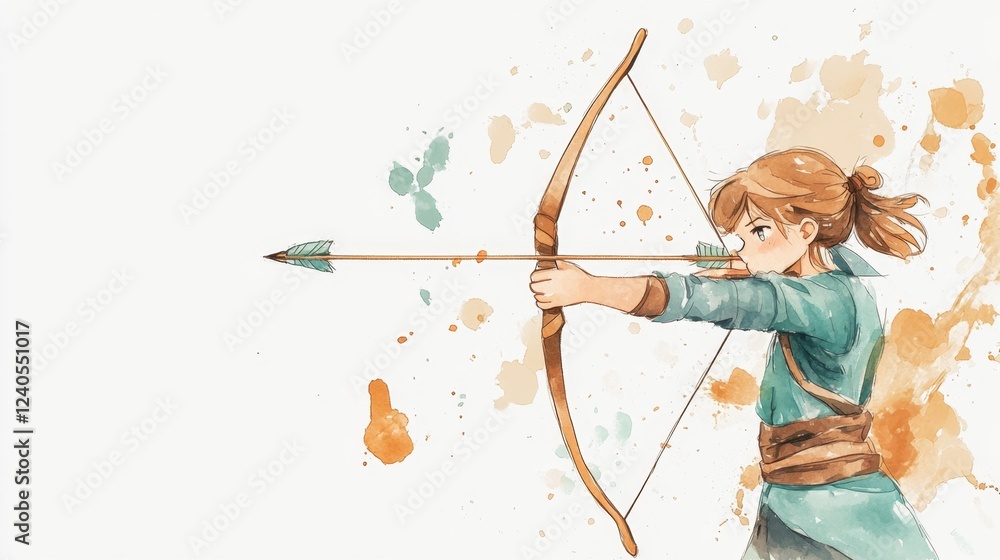 Young Woman Archer Aims Arrow with Focus and Determination Watercolor Illustration Young Woman Archer Aims Arrow with Focus and Determination Watercolor Illustration