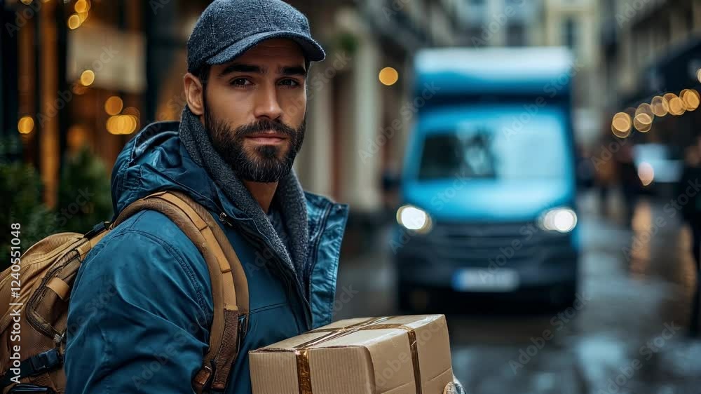 Delivery person smiling while carrying packages in city street during evening hours with blue van in background Delivery person smiling while carrying packages in city street during evening hours with blue van in background