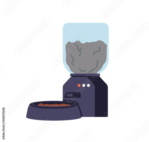Automatic pet feeder with smart food dispenser. Electronic feeding appliance for home animals. Auto dispensing equipment with bowl for eating. Flat vector illustration isolated on white background