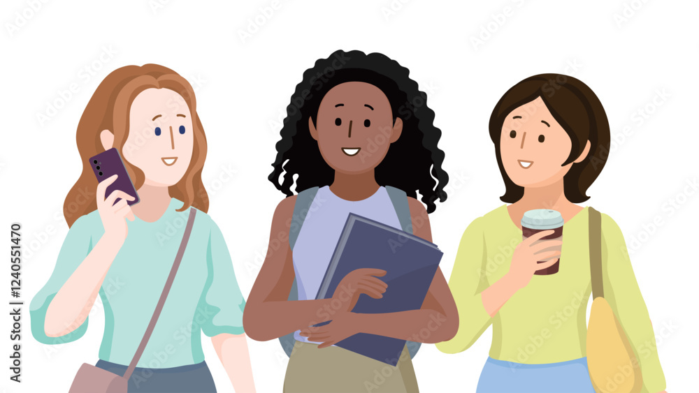 Cartoon people character An illustration of three female colleagues chatting; one is chatting on a smartphone, another is holding documents, and the third is drinking coffee. Cartoon people character An illustration of three female colleagues chatting; one is chatting on a smartphone, another is holding documents, and the third is drinking coffee.