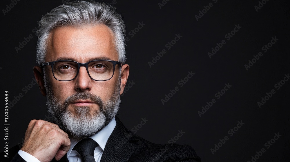 Confident businessman portrait, dark background, serious expression, business profile Confident businessman portrait, dark background, serious expression, business profile