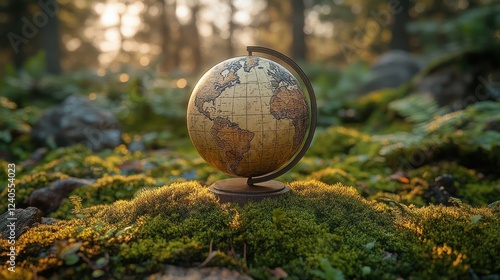 Globe in Forest Sunset, Eco-Conservation photo