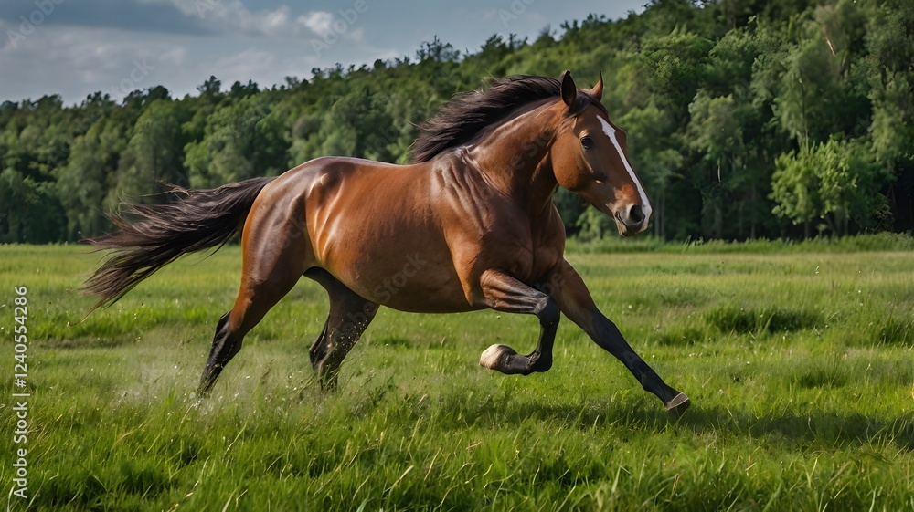 A powerful bay horse galloping across a lush green field, muscles flexing and mane flowing dynamically. A powerful bay horse galloping across a lush green field, muscles flexing and mane flowing dynamically.