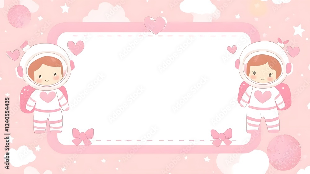 Cute cartoon astronauts in pink space theme with hearts and clouds, ideal for children's invitations Cute cartoon astronauts in pink space theme with hearts and clouds, ideal for children's invitations