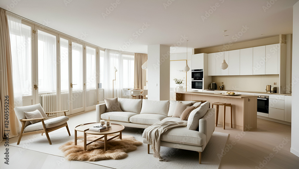 A luminous and expansive Scandinavian-style studio apartment, bathed in soft natural light from large floor-to-ceiling windows A luminous and expansive Scandinavian-style studio apartment, bathed in soft natural light from large floor-to-ceiling windows