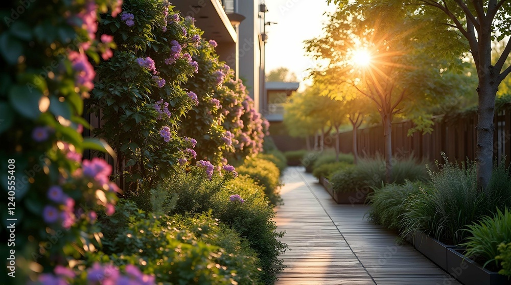 Obraz premium Pink roses climb along a house wall at sunset, creating a picturesque scene with warm light and a stone pathway