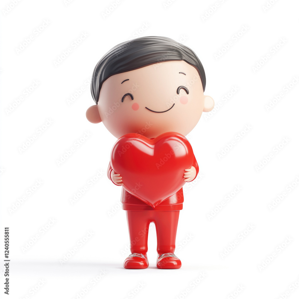 3D Valentine's icon on a white background featuring a smiling boy dressed in red holding a big heart, symbolizing love, kindness, and affection.. 3D Valentine's icon on a white background featuring a smiling boy dressed in red holding a big heart, symbolizing love, kindness, and affection..