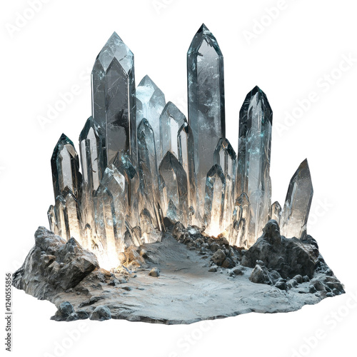 Glimmering crystal formation illuminated by soft lights in a serene natural setting