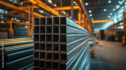 A Stack of galvanized rectangular steel pipes in a warehouse or factory. Created with Generative AI.