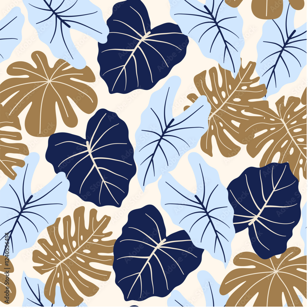 Abstract seamless tropical pattern with bright plants and leaves on a beige background. Leaves in bright colors. Beautiful seamless vector floral pattern. Tropical botanical. Abstract seamless tropical pattern with bright plants and leaves on a beige background. Leaves in bright colors. Beautiful seamless vector floral pattern. Tropical botanical.