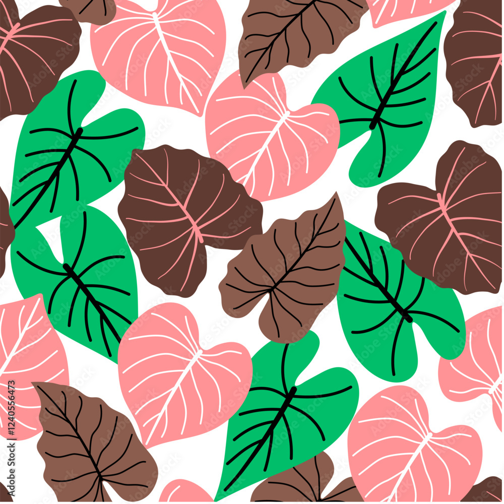 Obraz premium Abstract seamless tropical pattern with bright plants and leaves on a white background. Beautiful exotic plants. Exotic wallpaper. Trendy summer Hawaii print.