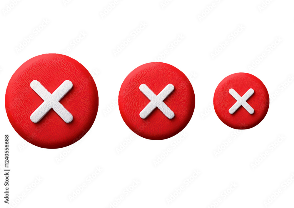 Fototapeta premium An image of three white X marks on red circular backgrounds in different sizes, arranged from largest to smallest, symbolizing errors or rejection