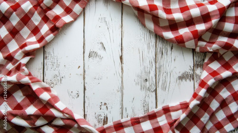 Fototapeta premium Rustic Red Gingham Tablecloth Frame: A charming red and white gingham tablecloth creates a rustic frame on a weathered white wooden background.