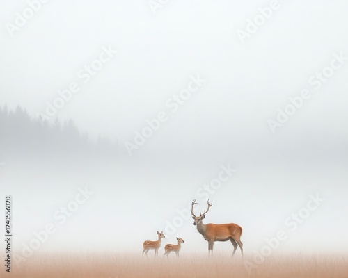 Ethereal Wildlife Miniature Deer Family in Misty Meadow - Eco-Conscious Decor and Endangered Species Awareness for Nature Enthusiasts photo