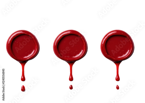 An image of three red drops resembling wax seals, with smaller drops hanging below, symbolizing traditional sealing or the art of wax crafting