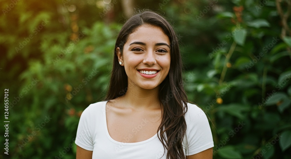 Smiling Woman Portrait Outdoors in Lush Green Foliage Smiling Woman Portrait Outdoors in Lush Green Foliage