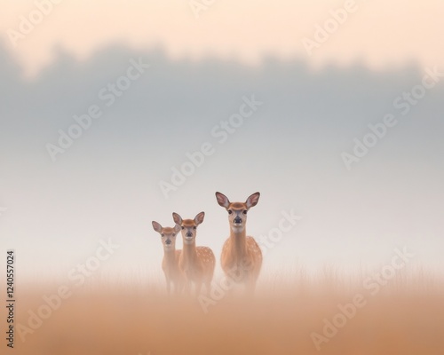 Ethereal Wildlife Miniature Deer Family in Misty Meadow for Conservation Campaigns and Nature Preservation Content - Soft Light and Native Vegetation Aesthetic photo