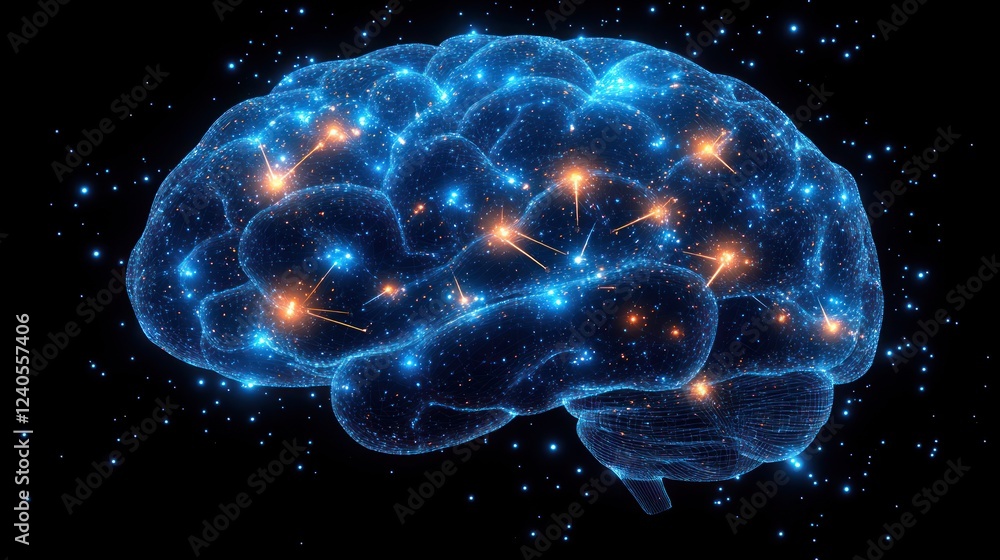Glowing brain, neural network, cosmos backdrop, AI concept Glowing brain, neural network, cosmos backdrop, AI concept