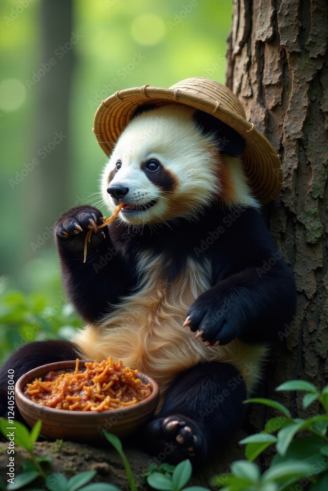 Fototapeta premium Relaxed panda with bamboo hat, enjoys lunch in tree , adorable, bamboo