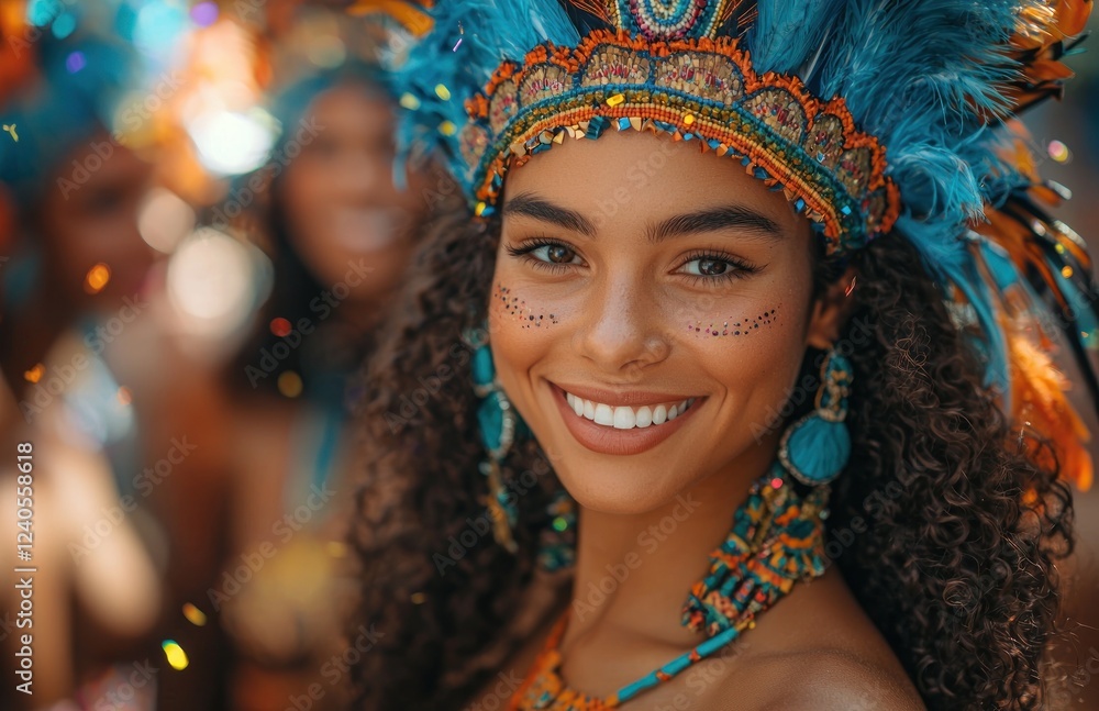 Smiling carnival dancer wearing an ornate blue and gold headdress with feathers and glittering decorations amidst confetti Generative AI Smiling carnival dancer wearing an ornate blue and gold headdress with feathers and glittering decorations amidst confetti Generative AI
