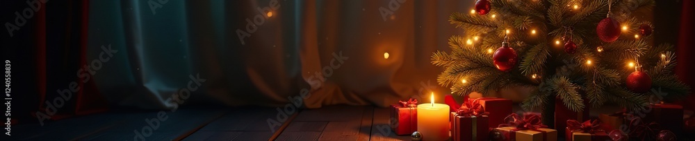 A glowing Christmas tree with candles and warm ambient light, glowing, presents, cozy A glowing Christmas tree with candles and warm ambient light, glowing, presents, cozy