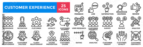 Customer experience icon collection set.Containing feedback, satisfaction, review, rating, survey icon.Simple line vector illustration