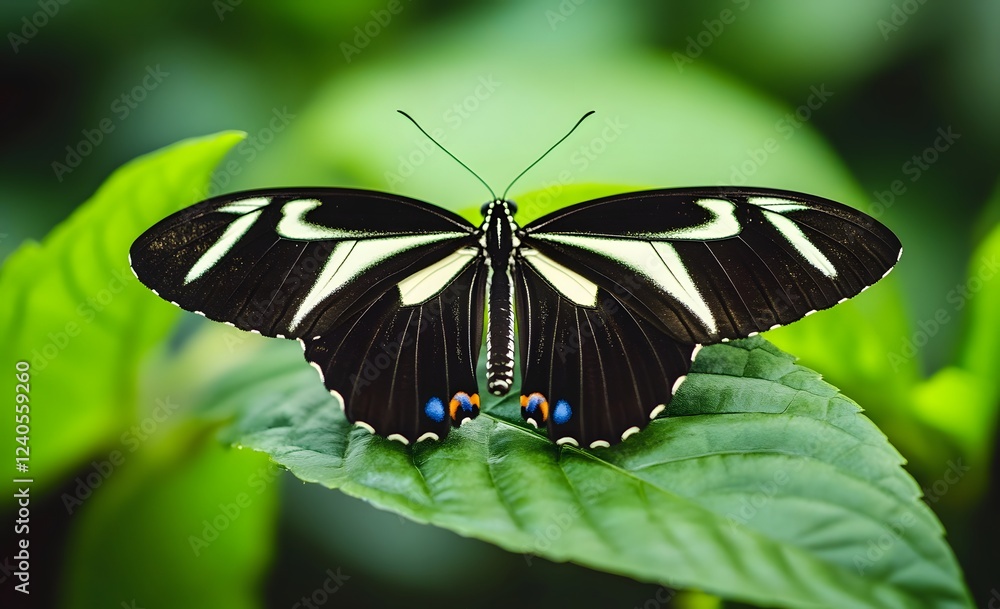 Black and White Butterfly Resting on Green Leaf Black and White Butterfly Resting on Green Leaf