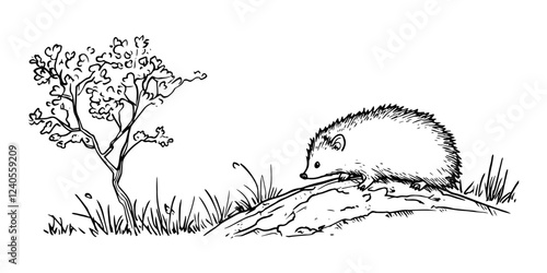 hedgehog on grassy hill with tree in doodle hand-drawn sketch