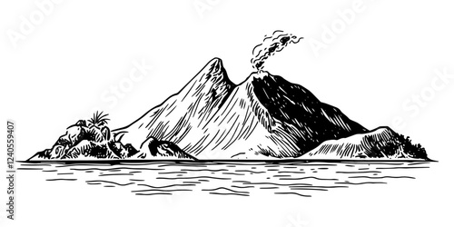 volcanic island landscape with smoke and sea in monochrome hand-drawn sketch
