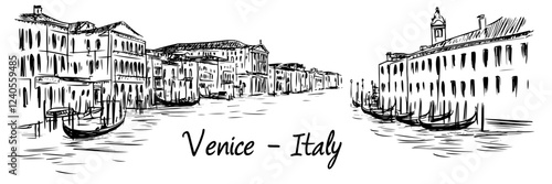 Venice Italy cityscape illustration with canal and gondolas in monochrome hand-drawn sketch style