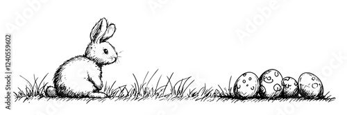 easter bunny with decorated eggs on grass, hand-drawn vector artwork
