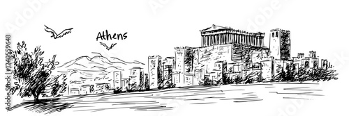 Athens Acropolis with parthenon and mountain backdrop, hand-drawn vector artwork