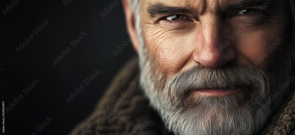 Elderly man with distinguished features, intense gaze, and well-groomed beard, showcasing wisdom and experience, copy space for text Elderly man with distinguished features, intense gaze, and well-groomed beard, showcasing wisdom and experience, copy space for text