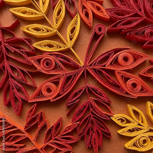 Autumn-inspired paper quilling leaves in warm shades of red, orange, and yellow. photo