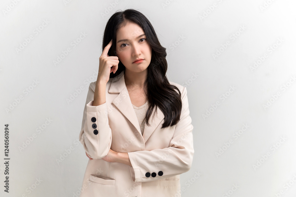Confused businesswoman in a blazer standing against a white background, with a thoughtful and frustrated expression. Concept of decision-making, problem-solving, stress, doubt, critical thinking. Confused businesswoman in a blazer standing against a white background, with a thoughtful and frustrated expression. Concept of decision-making, problem-solving, stress, doubt, critical thinking.