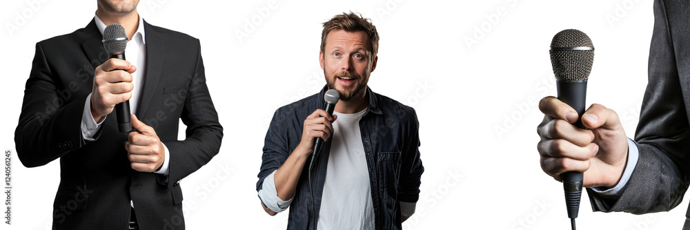 Performers holding microphones in various attire showcasing a range of expressions while engaging with the audience Performers holding microphones in various attire showcasing a range of expressions while engaging with the audience