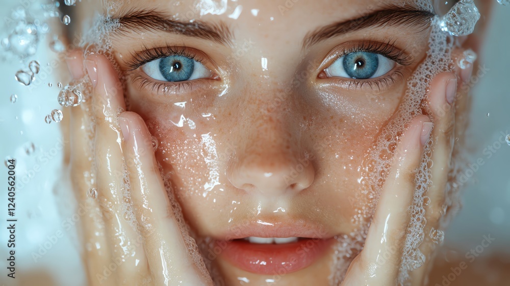 A close-up shot of a European woman washing her face, with water droplets and soft skin visible, space for product branding A close-up shot of a European woman washing her face, with water droplets and soft skin visible, space for product branding