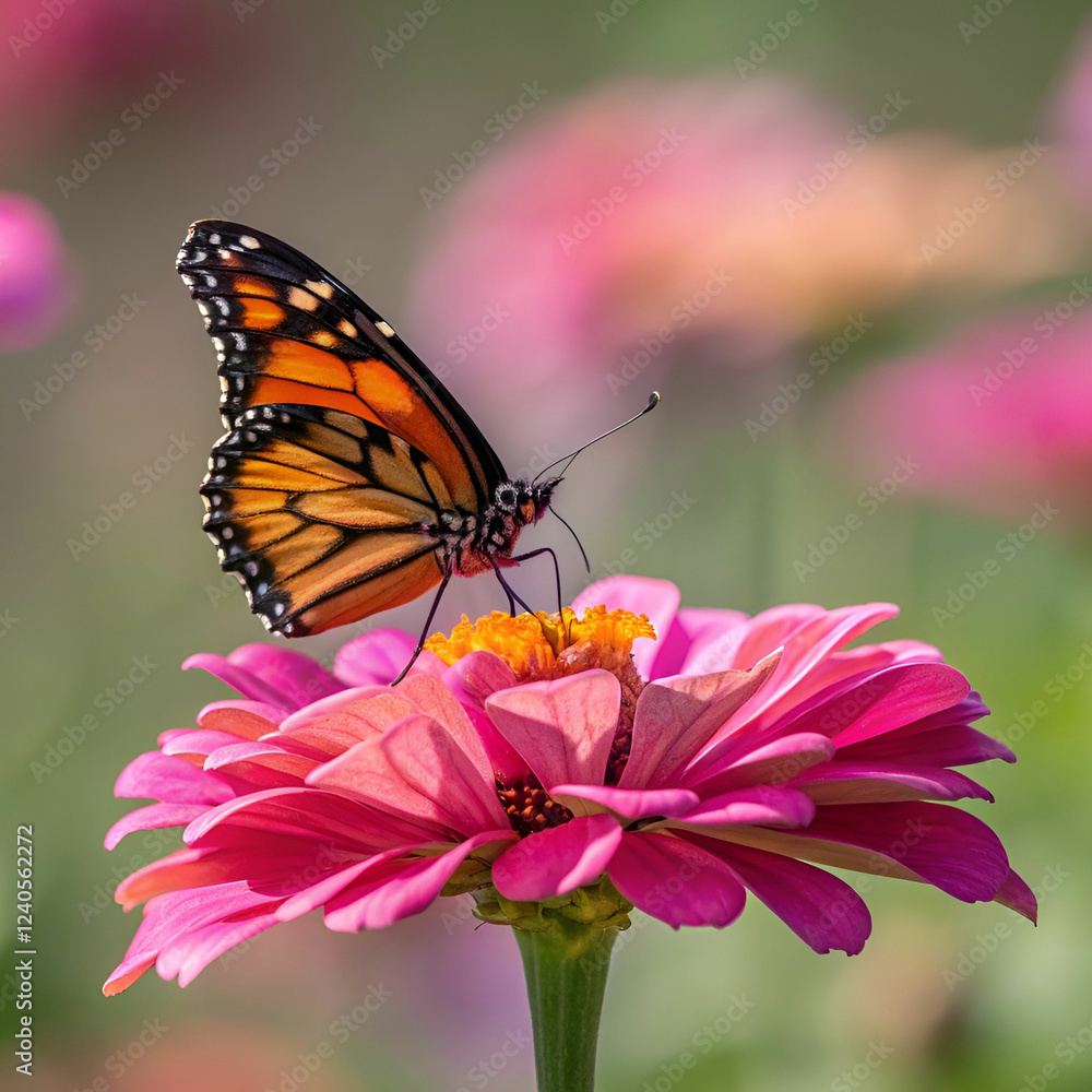 Closeup shot of a butterfly on a bright pink flower Closeup shot of a butterfly on a bright pink flower
