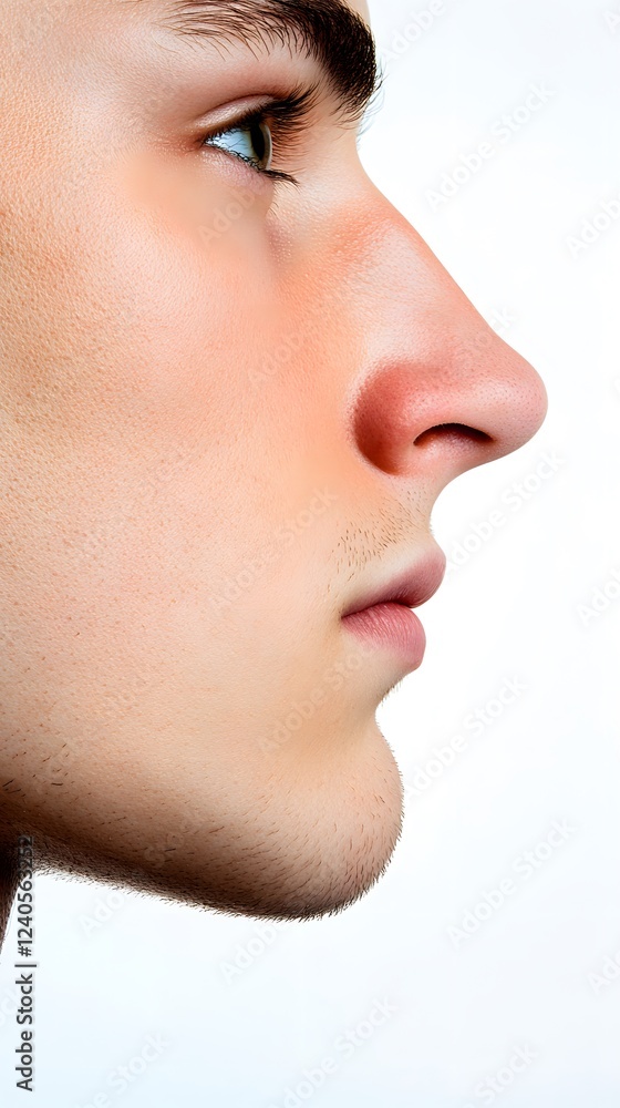 49. A side profile view of a face with a sharp nose and pointed chin, accentuating the bone structure, white background 49. A side profile view of a face with a sharp nose and pointed chin, accentuating the bone structure, white background