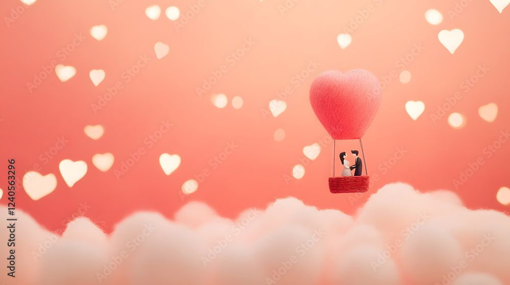 Obraz premium A dreamy Valentine's diorama set in a miniature hot air balloon scene, where a tiny couple floats above a landscape of heart-shaped clouds. The background is a soft pink and red blend, adding a warm,