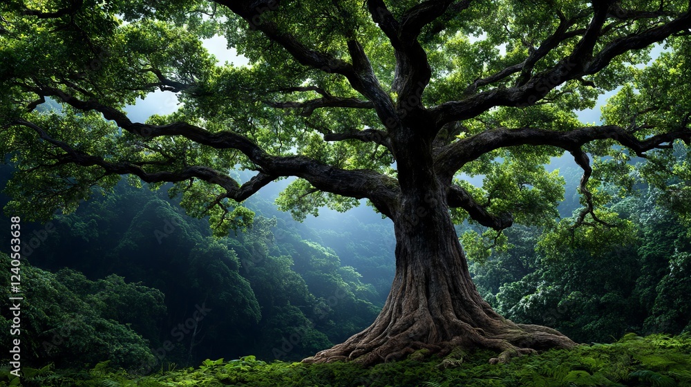 Fototapeta premium A large tree in the middle of a lush green forest