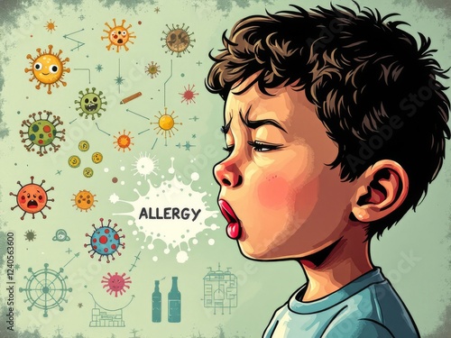 Child experiencing allergy symptoms, illustrated with cartoon viruses and allergens.