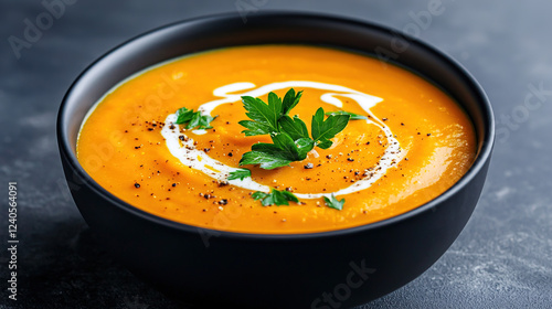 Creamy butternut squash soup served in a bowl with a swirl of cream, soft natural light and food styling
