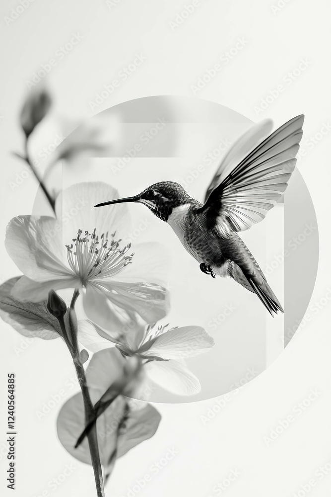 Naklejka premium Minimalist collage of a hummingbird hovering near a flower with geometric shapes